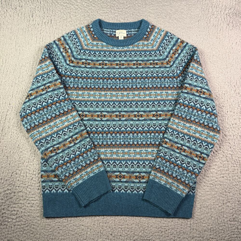J. Crew Fair Isle Lambswool Sweater Mens M Blue Crew Neck Long Sleeve Pullover - Picture 2 of 8